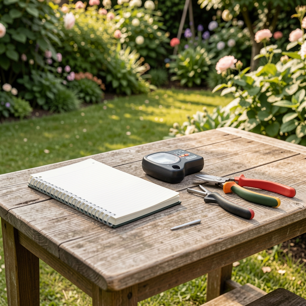 Escritorio de jardín con cuaderno de notas, medidor de humedad y herramientas de poda ordenadas