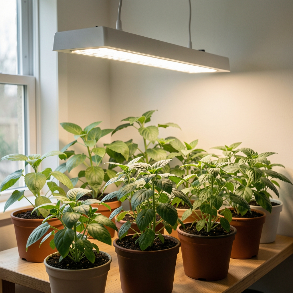 Lámpara LED de cultivo sobre plantas de interior en ambiente con poca luz natural