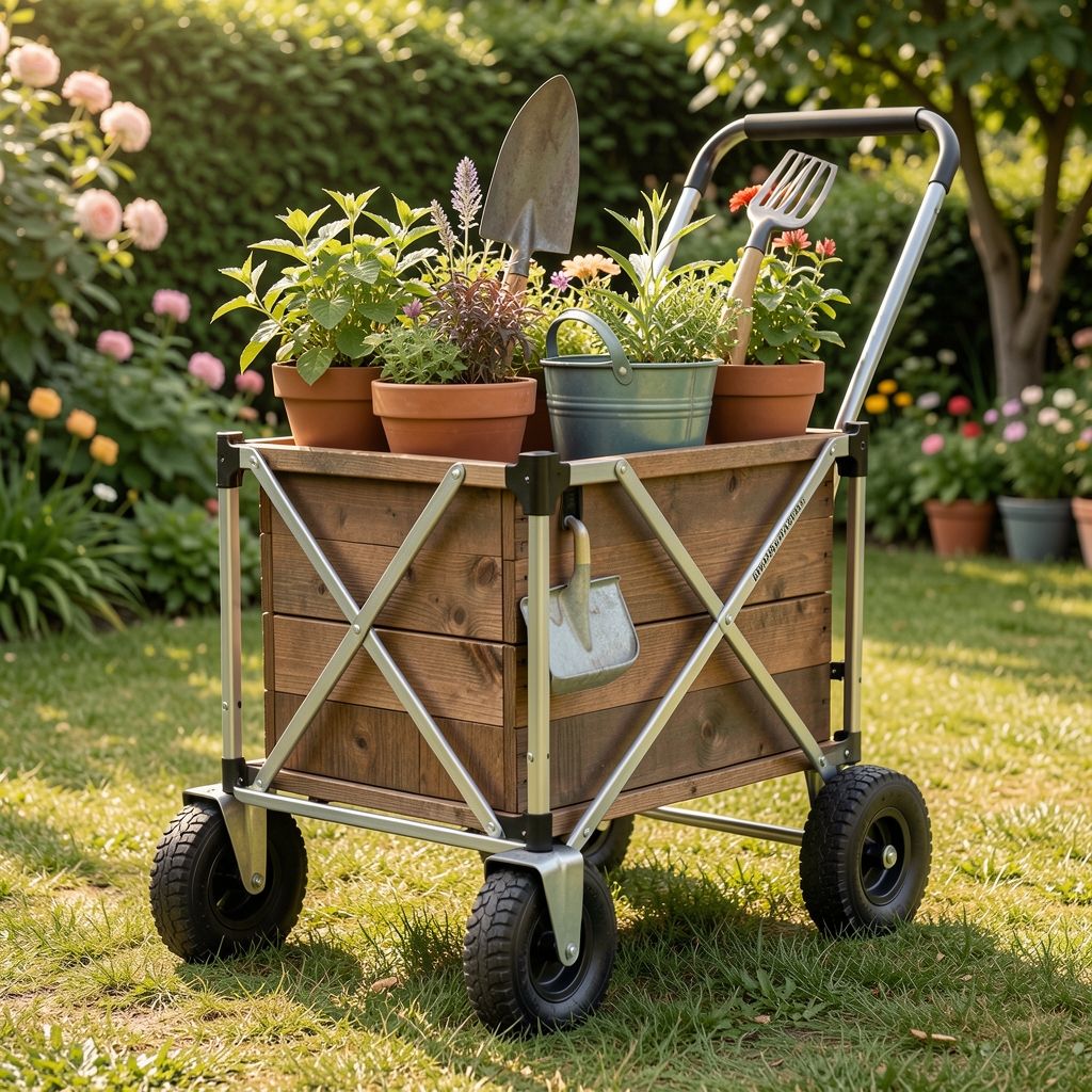 Carrito de jardín plegable con ruedas de goma para transporte de herramientas y macetas
