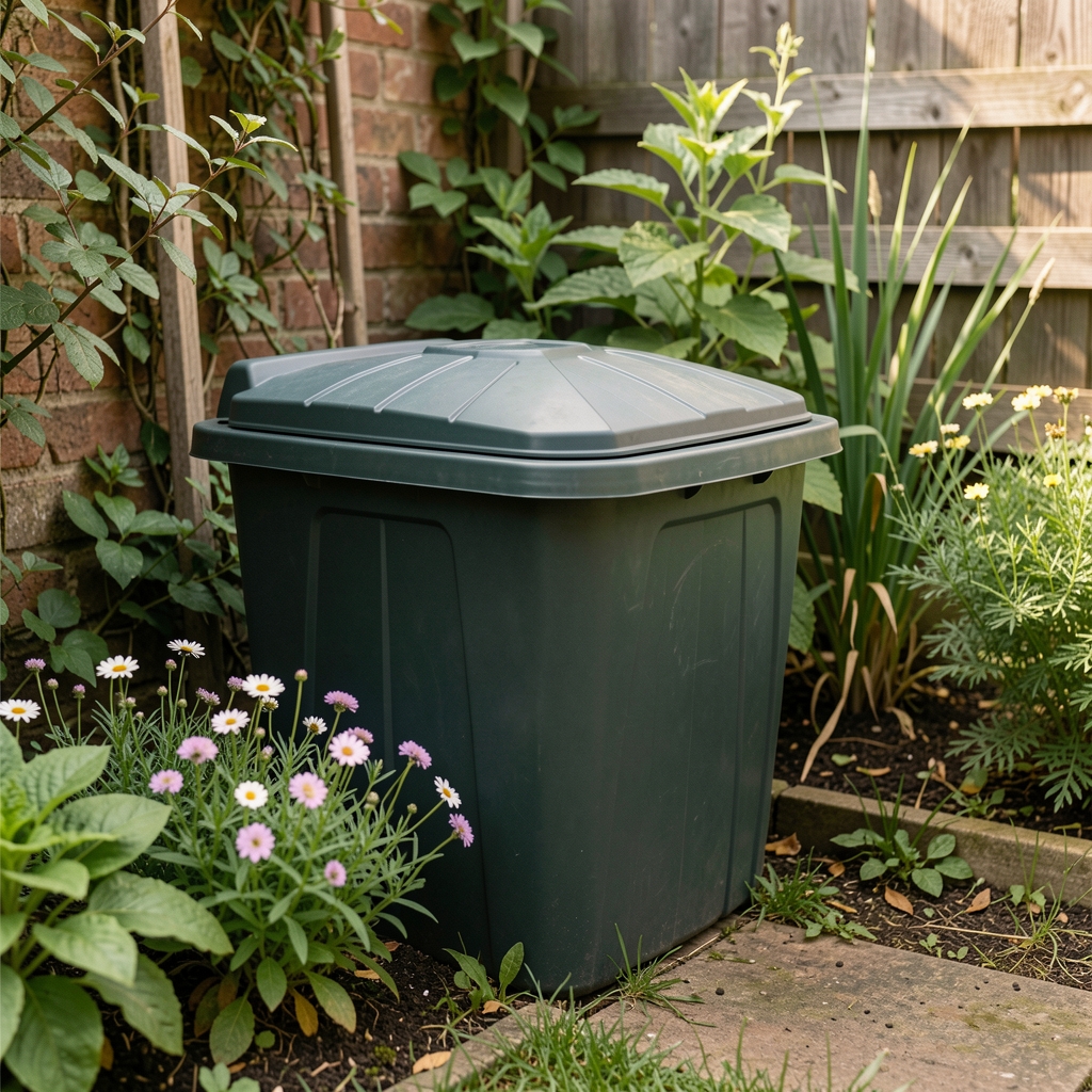 Compostador doméstico plástico ubicado en un rincón del jardín