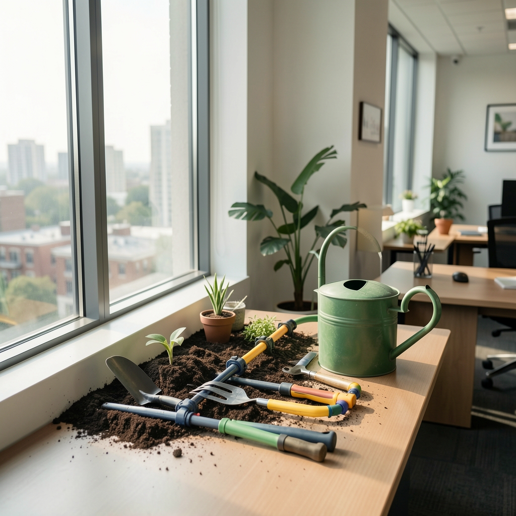 Herramientas de jardinería y sistema de riego organizados junto a una ventana de oficina