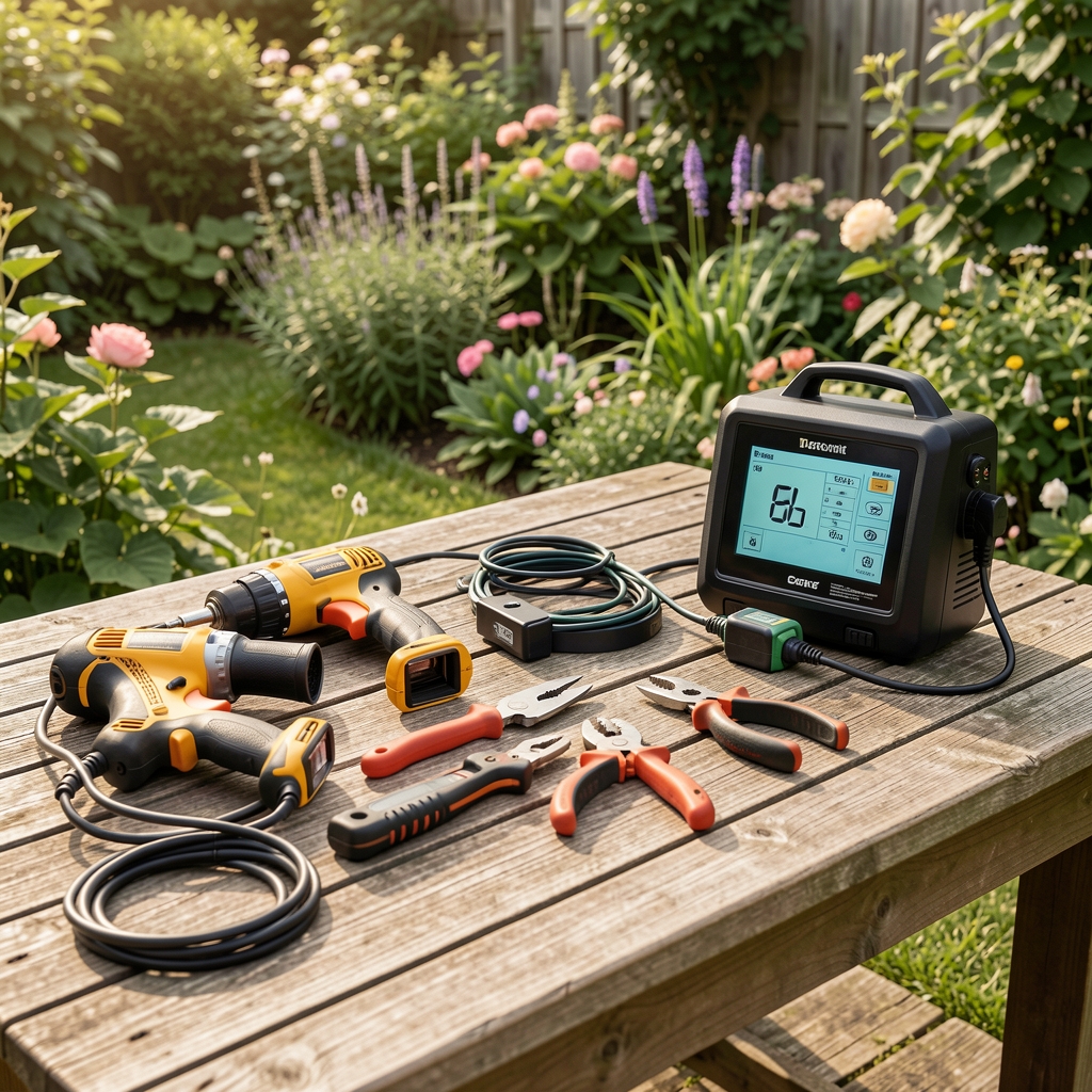 Mesa de trabajo de jardín con herramientas eléctricas, sensor de humedad y sistema de riego programable ordenados sobre superficie de madera