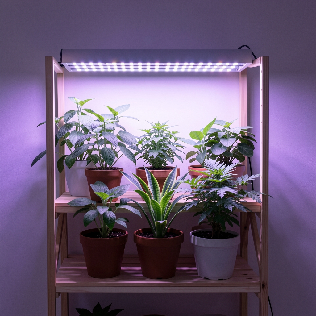 Lámpara LED de cultivo iluminando plantas de interior sobre estantería