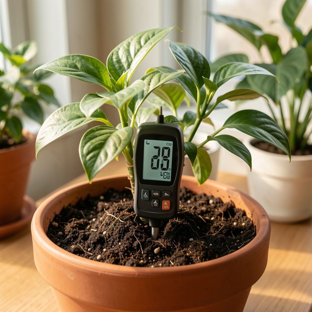 Medidor digital de humedad del suelo insertado en maceta con planta verde