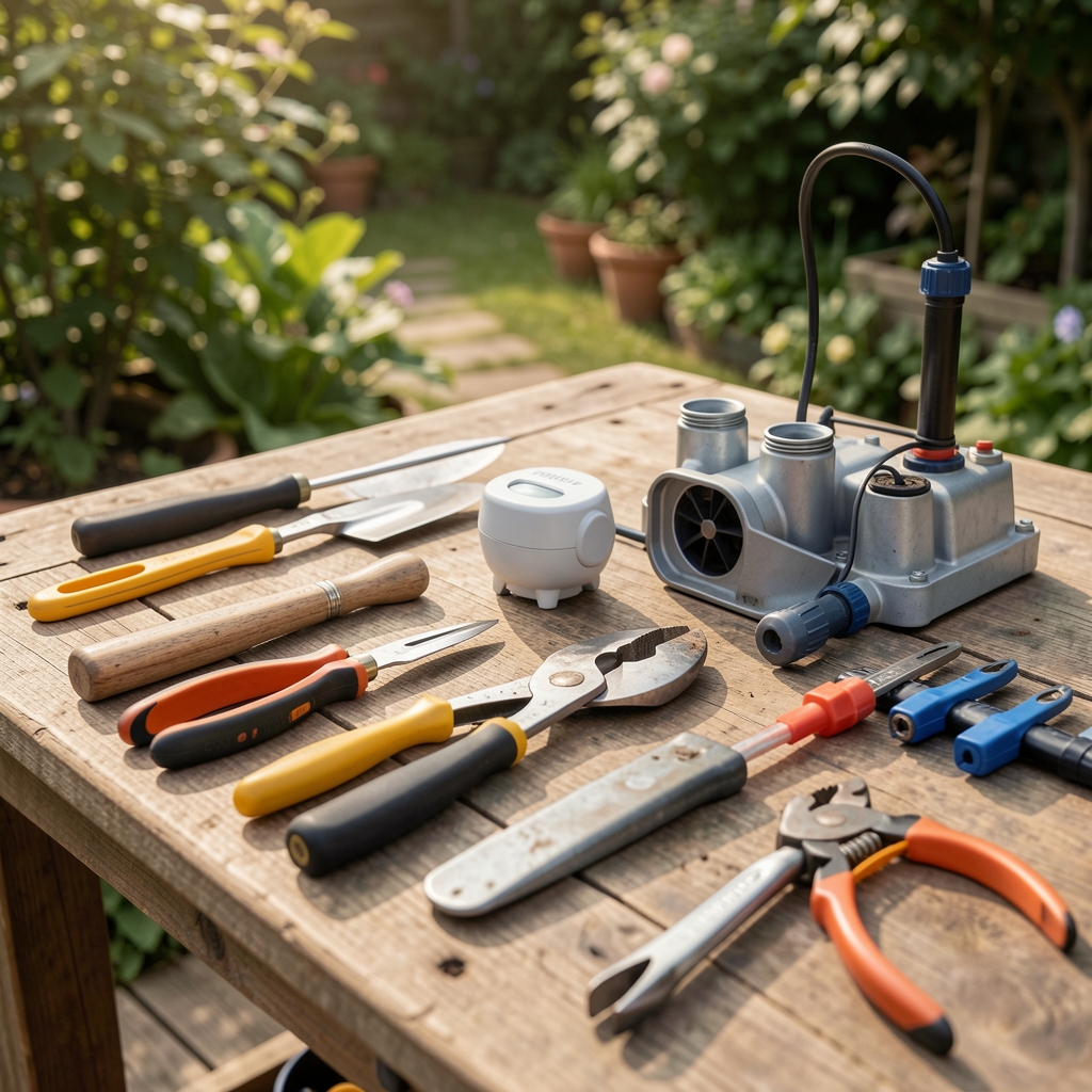 Herramientas de jardinería, sensor de humedad y sistema de riego ordenados sobre mesa de trabajo exterior