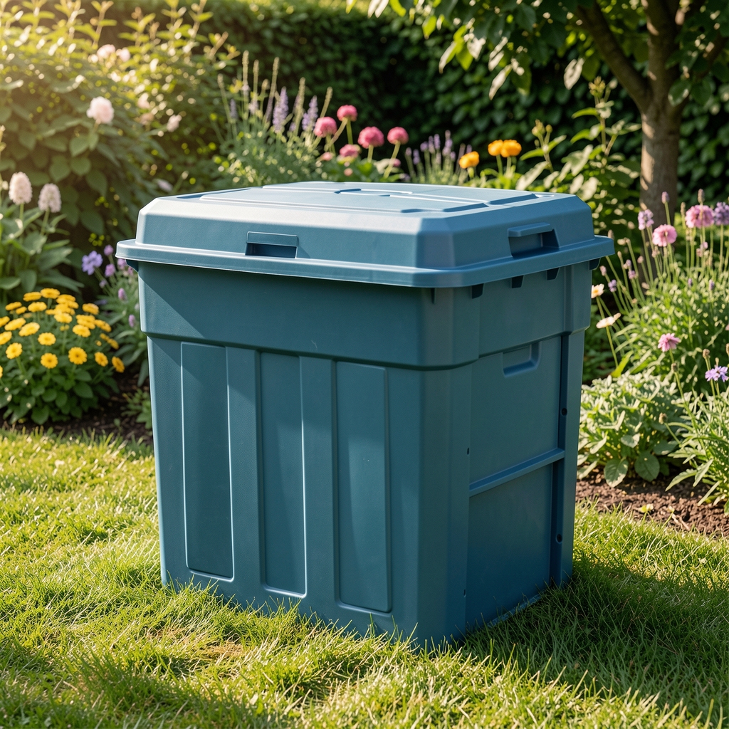 Compostador plástico de gran capacidad ubicado sobre césped en un jardín