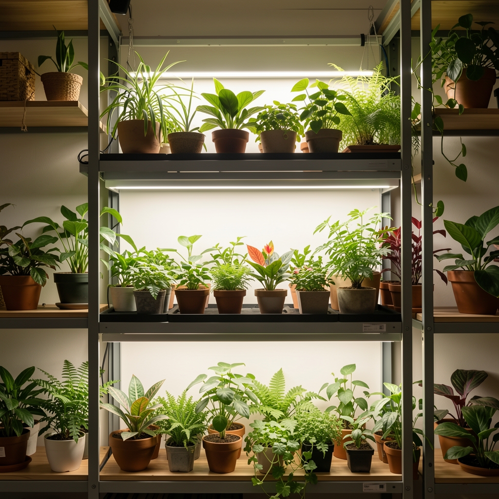 Panel LED de cultivo de pie iluminando estantería con plantas de interior