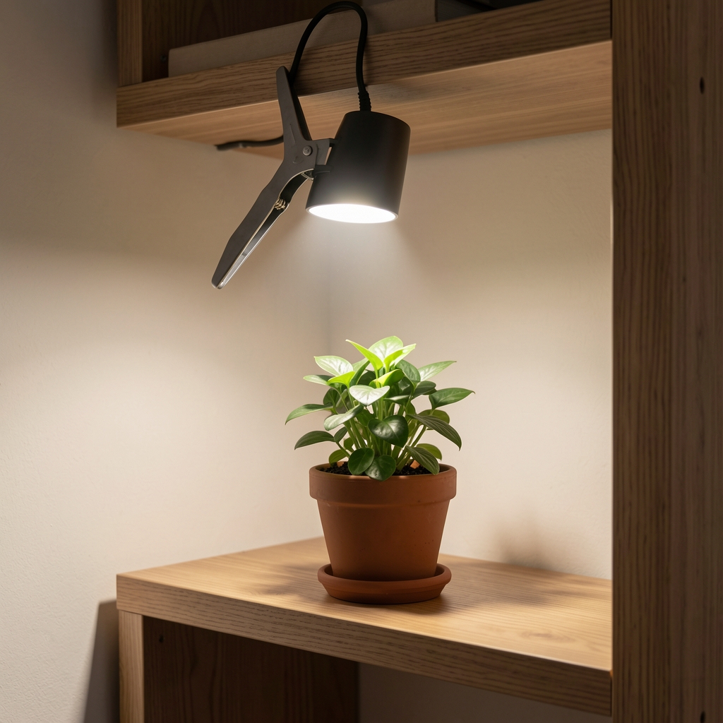 Lámpara LED con pinza sujeta a estante iluminando una maceta pequeña