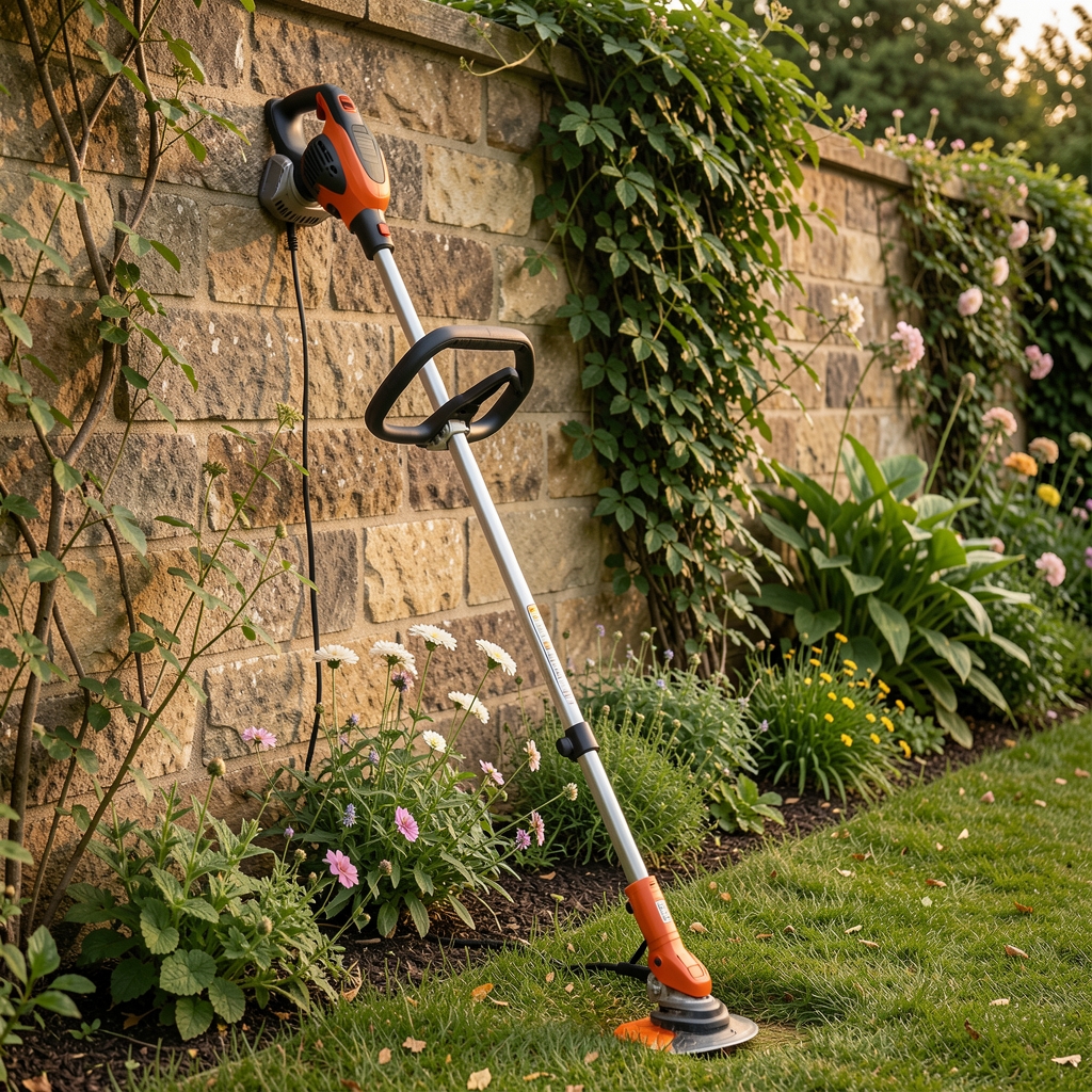 Podadora eléctrica de altura con cabezal telescópico apoyada contra pared de jardín