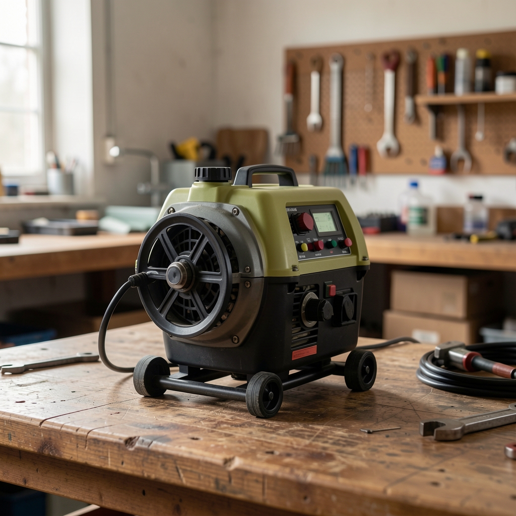 Pulverizador eléctrico manual compacto sobre mesa de trabajo