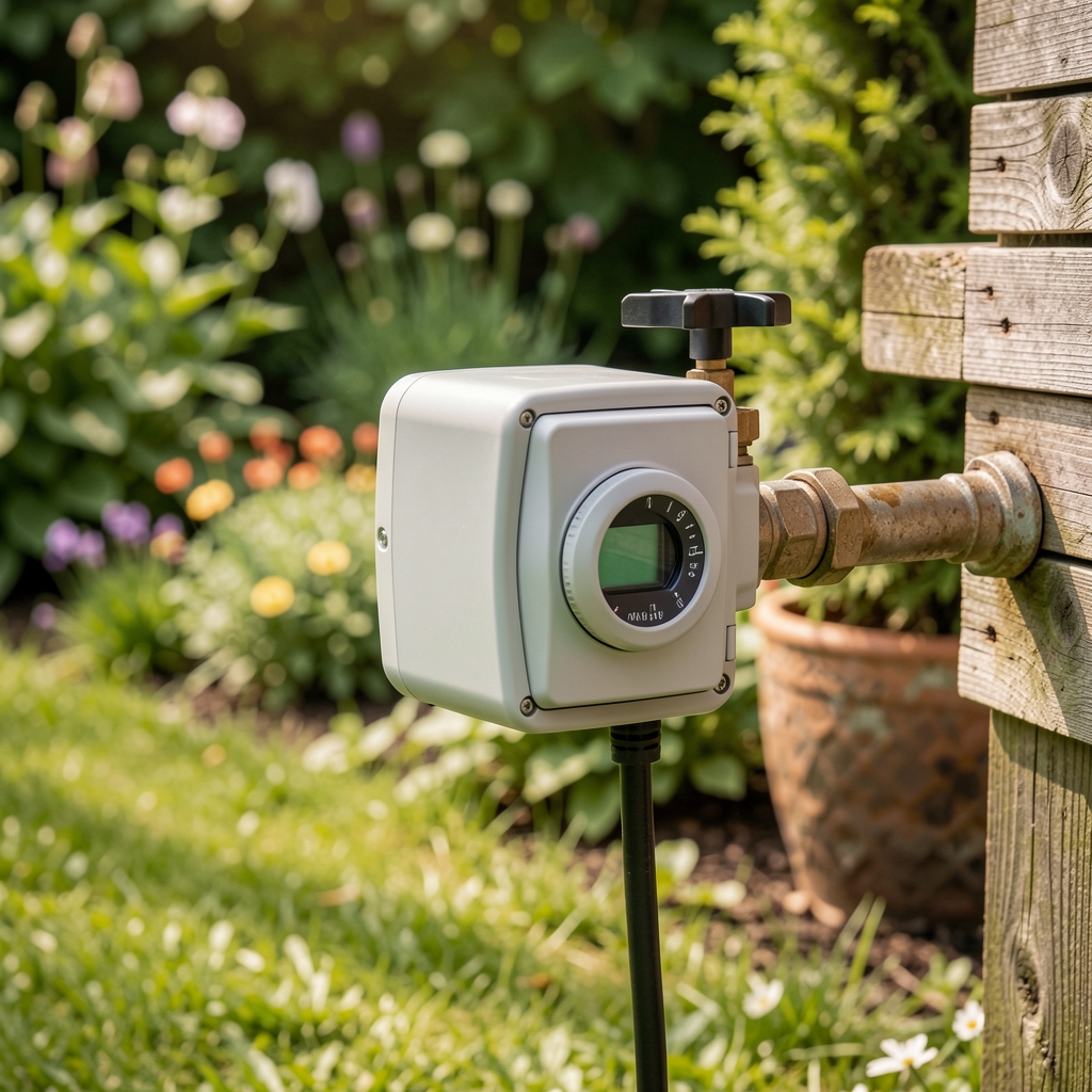 Temporizador de riego mecánico simple conectado a canilla exterior de jardín