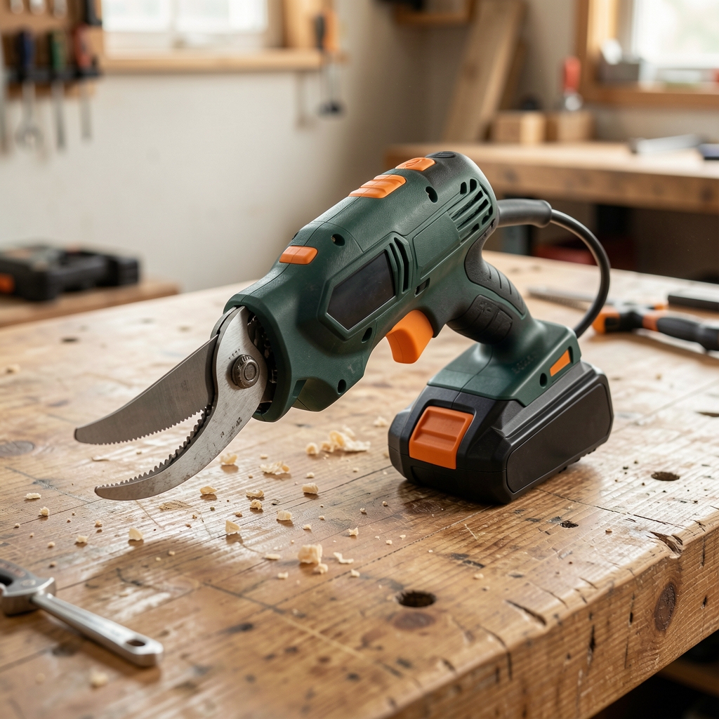 Tijera eléctrica de poda a batería sobre mesa de trabajo de madera