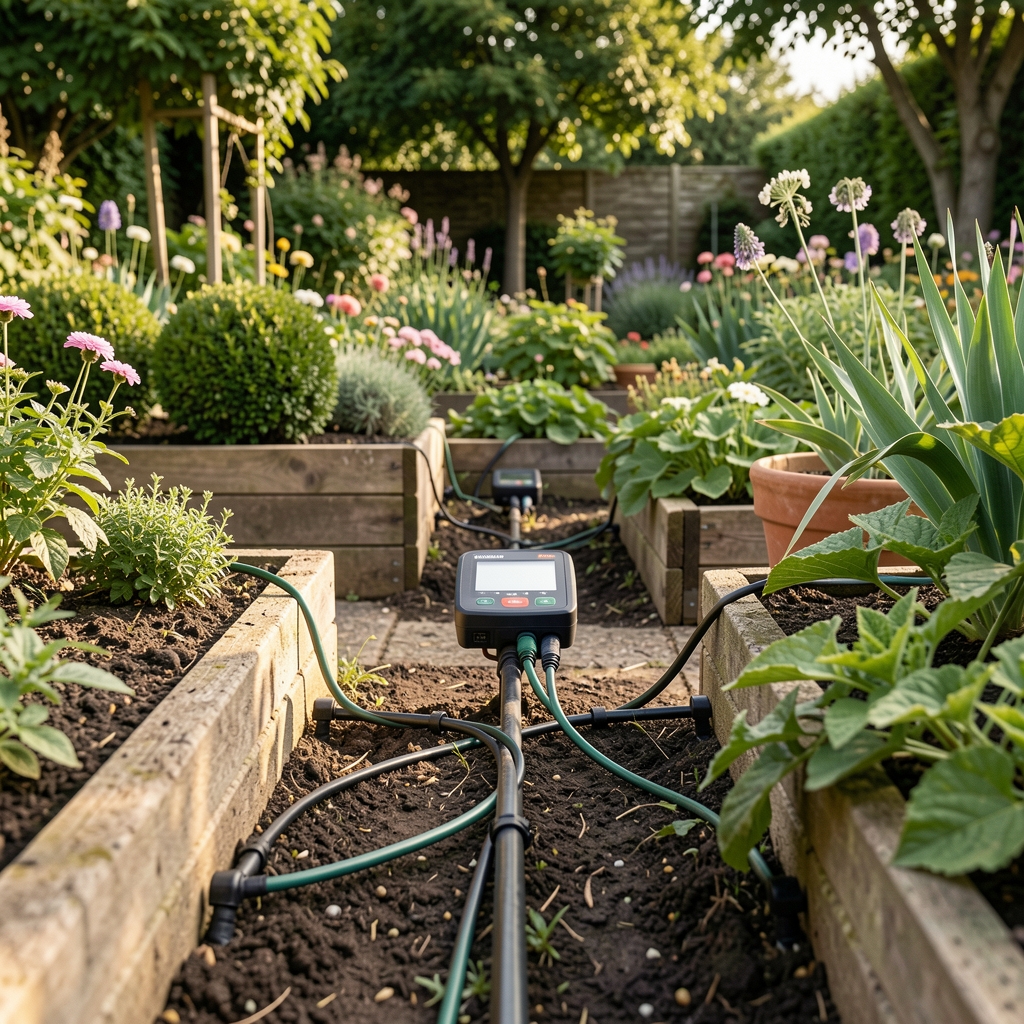 Sistema de riego por goteo programable instalado entre canteros de un jardín