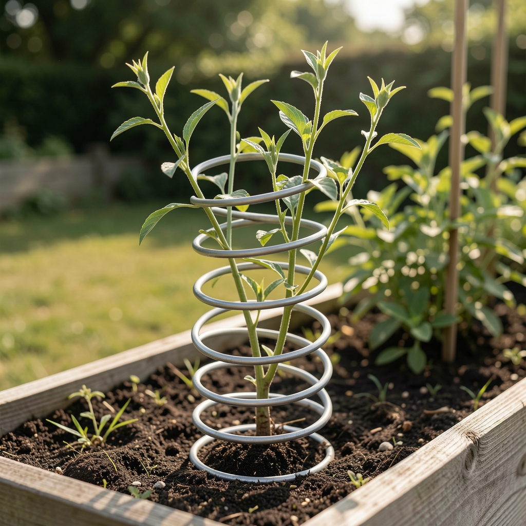 Soporte metálico en espiral para sostener tallos de plantas de exterior en un cantero