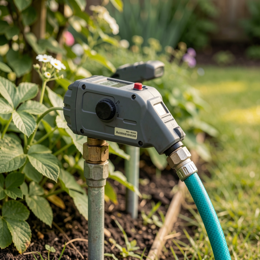 Temporizador electrónico de riego conectado a una canilla de jardín